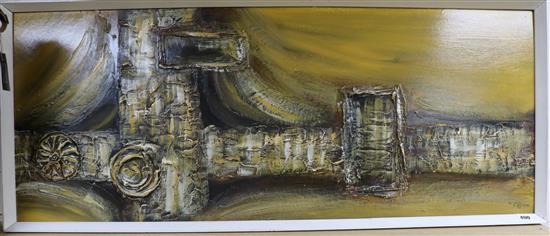 J.M. Cashman, two oils on board, abstracts, one signed and dated 75, 45 x 113cm and 57 x 42cm